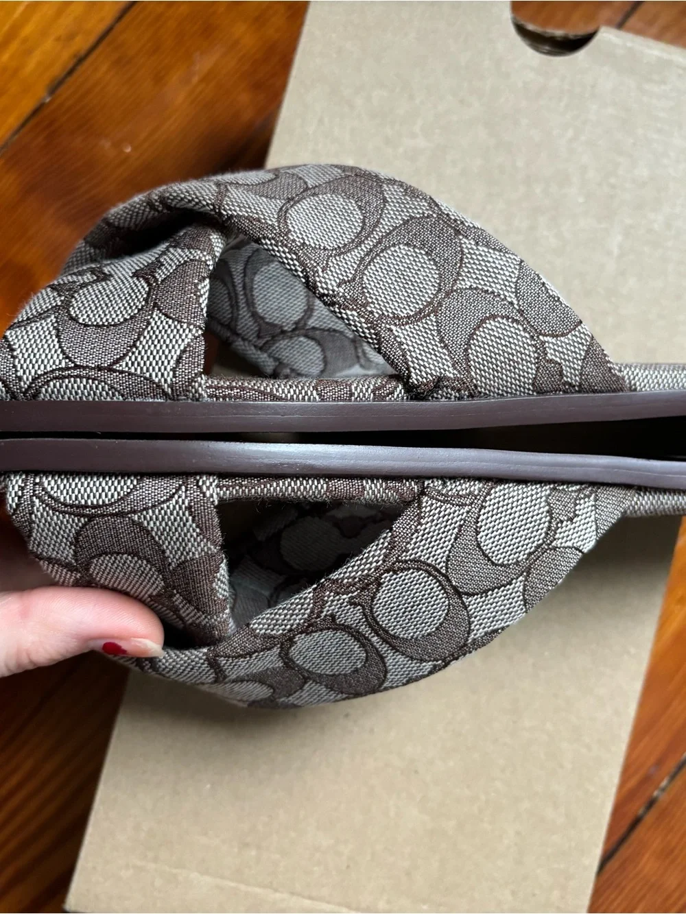Coach Link Criss Cross slide sandals in Signature Brown Jacquard